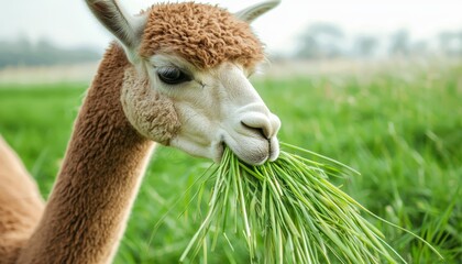 Obraz premium An intimate shot of a grazing alpaca, with blades of green grass slipping through its teeth, creating a calm and serene pastoral scene.