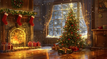 Immerse yourself in the cheerful atmosphere of Christmas Eve with family around a cozy fire and a beautifully decorated tree. Enjoy the warmth of the holiday season in a snug and festive setting