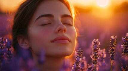 Fototapeta premium Young woman enjoying smell of lavender field at sunset
