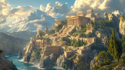 Naklejka premium Olympus Palace: Fantasy 3D Illustration of a Mount Olympus Palace in Greek Nature