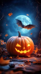 Cartoon bats flying around a glowing pumpkin, full moon backdrop