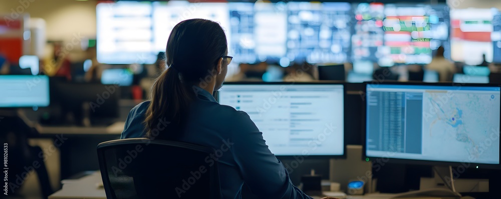 Poster focused individual working on multiple computer screens in a modern office environment, analyzing da