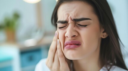woman in pain, holding her cheek, likely experiencing a toothache.