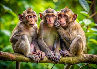 Fototapeta premium Three curious monkeys sit together on a tree branch, grooming and socializing, showcasing their cute and mischievous