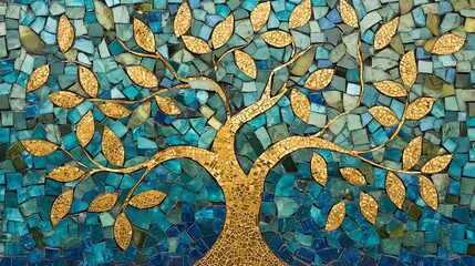 A vibrant mosaic featuring a golden tree with leaves against a blue background, symbolizing growth and nature.