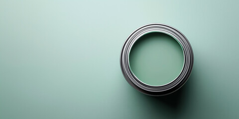 Top view of open paint can, green color, on matching background, home improvement concept