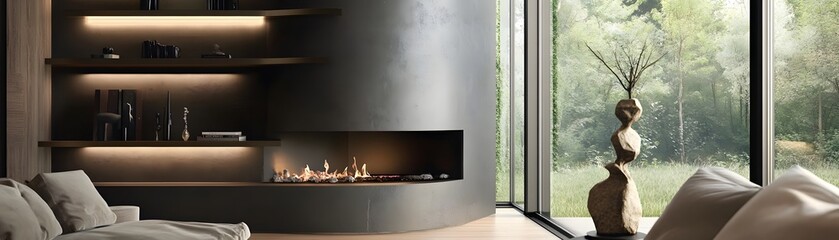 Fototapeta premium Modern interior featuring a sleek fireplace, soft furnishings, and a large window that invites natural light and greenery inside.
