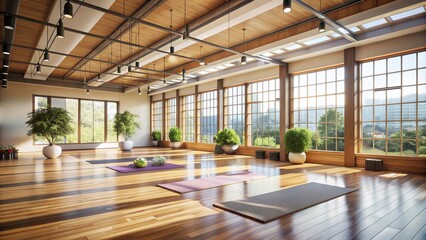 Bright and airy modern yoga studio with sleek wooden floors, high ceilings, and large windows allowing natural light to pour in, creating a serene ambiance.