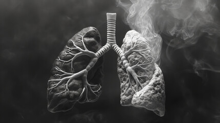 Grayscale image of healthy lungs versus diseased lungs affected by cancerous tumors.