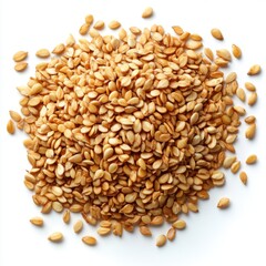 Fototapeta premium A heap of toasted sesame seeds, showcasing their golden color and unique texture, perfect for culinary uses and decoration.