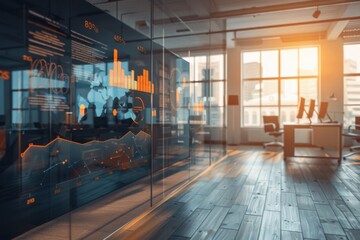 Sophisticated office environment with transparent screen showing swot analysis