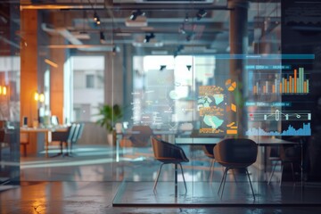 Sophisticated office environment with transparent screen showing swot analysis