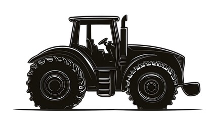 Naklejka premium Powerful Black Tractor in Agricultural Field Landscape