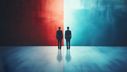 Obraz premium Two individuals stand before contrasting walls, one red and one blue, symbolizing choices and duality in life.