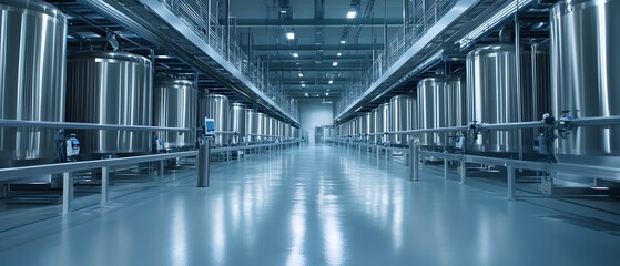 Fototapeta premium Wide corridor of a modern industrial facility, showcasing stainless steel tanks and clean, polished floors for efficient production.