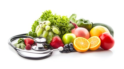 Assortment of Colorful Fruits and Vegetables with Medical Stethoscope on White Background