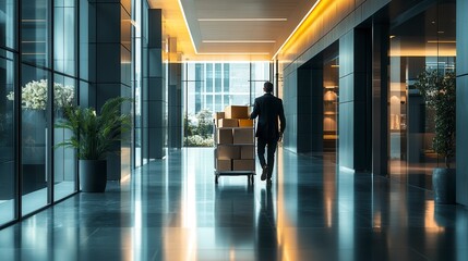 Fototapeta premium Businessman pushing a trolley full of packages in an office corridor