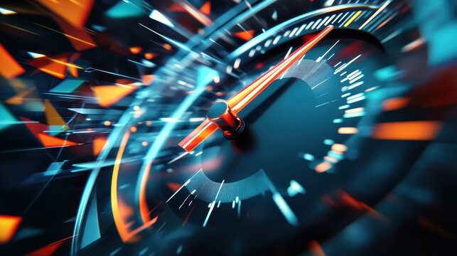 A close up of a speedometer with a red arrow pointing, as if the car is going very fast