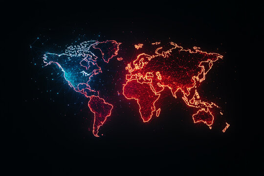 Fototapeta A vibrant representation of the world map, featuring glowing blue and red outlines, perfect for technology and global themes.