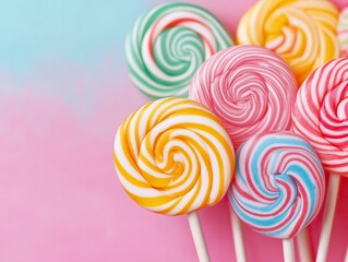 Colorful lollipops arranged against a pastel background, perfect for sweet treats and candy-themed designs.