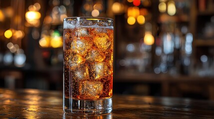 A refreshing drink with ice on a wooden bar top inside a vibrant cocktail lounge during the evening