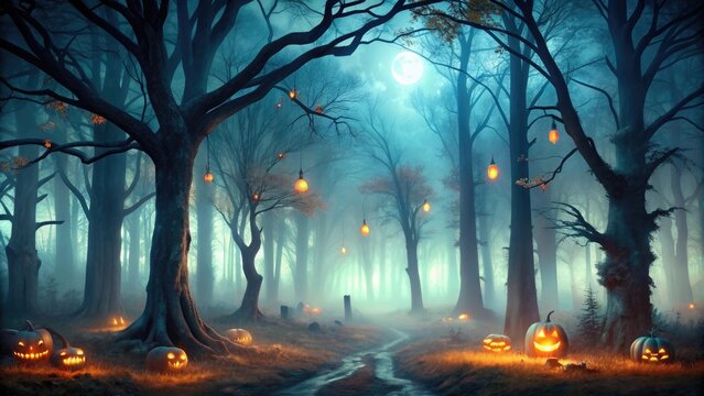 Spooky forest with eerie trees, Halloween fog, and darkness, Wald, gruselig, B?ume, Nebel, Dunkel