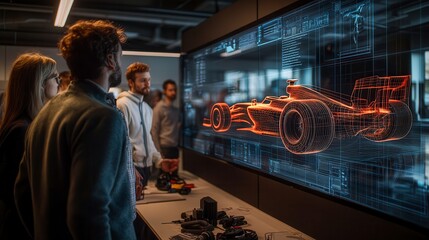 Automotive engineers gathering around 3d model of a formula one car