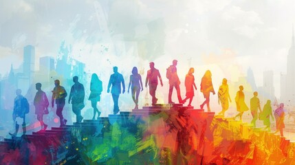 Diverse silhouettes of people walking up colorful stairs towards a bright future.