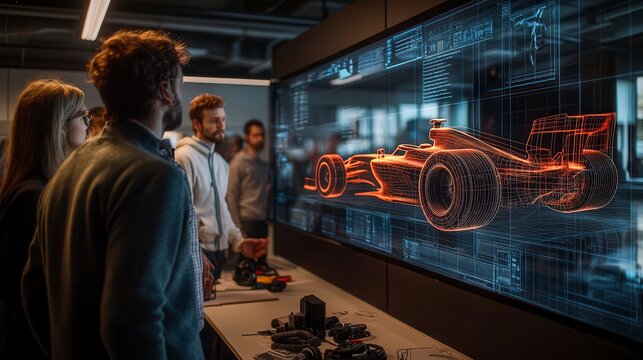 Automotive engineers gathering around 3d model of a formula one car - Powered by Adobe