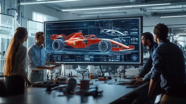 Automotive engineers designing an electric sports car using cad software on a computer in a bright office - Powered by Adobe