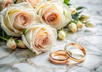 Exquisite wedding bands and delicate roses rest on a pristine white marble surface, creating a romantic and elegant composition perfect for wedding inspirations.