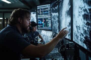 An operator wearing a headset is intently focused on multiple high-definition monitors displaying complex data and graphs in a dark control room, ensuring system functionality.