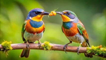 Two birds perched on a branch in harmony, perfectly positioned to catch identical juicy worms simultaneously,