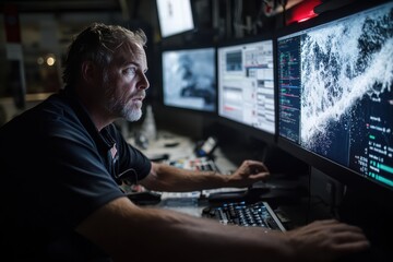 An expert is deeply involved in analyzing various high-definition visuals displayed across several monitors in a modern command center, emphasizing precision and monitoring accuracy.