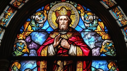 A stained glass window depicting a Catholic saint.