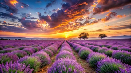 Vibrant lavender field at sunset with a colorful sky , lavender, field, sunset, landscape, beauty, nature, agriculture