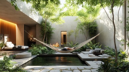 Woman relaxing in hammock in modern spa like environment