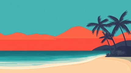 A minimalistic beach scene featuring vibrant colors, palm trees, and a serene ocean at sunset, perfect for relaxation and escape.