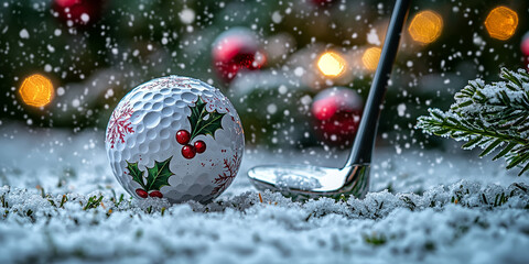 A golf club is about to hit a Christmas-themed golf ball, which looks like a snowball with holly leaves on it. Snow gently falling in the background adds to the cozy winter holiday scene