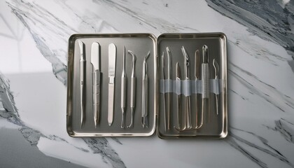 A clean, modern display of precision craft tools like scalpels, fine scissors, and tweezers set on a luxurious white marble surface.