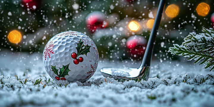 A golf club is about to hit a Christmas-themed golf ball, which looks like a snowball with holly leaves on it. Snow gently falling in the background adds to the cozy winter holiday scene