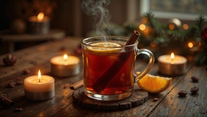 Warm spiced tea in glass mug with cinnamon and lemon on cozy table with candles
