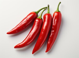 Spicy Red Chili Peppers: A vibrant quartet of red chili peppers, their glossy surfaces reflecting the light,  stand in a striking arrangement on a pristine white background, ready to ignite your sense