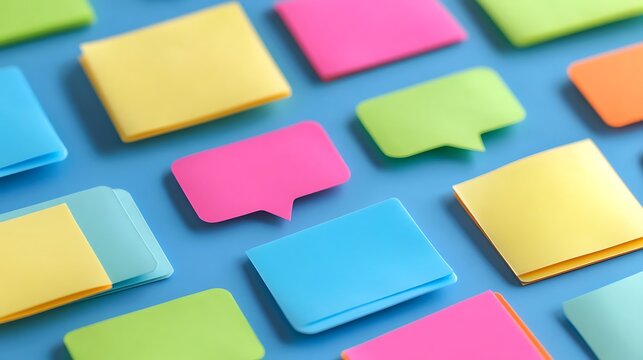 A colorful arrangement of sticky notes on a blue surface, ideal for reminders or brainstorming ideas.