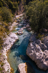 The incredible wild nature and beauty of pure and cold river Soča in Triglav National Park, Slovenia.