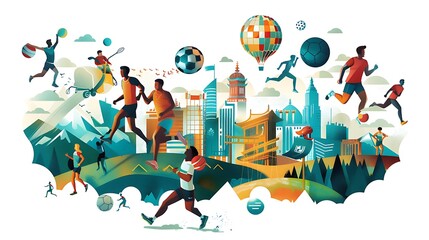 Naklejka premium Colorful illustration depicting various sports activities with cityscape backdrop for showcasing vibrant dynamic energy urban lifestyle and active community engagement concept.