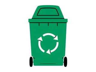 Hand drawn cute cartoon illustration of green garbage can with wheel. Flat vector recycling trash bin, environmental pollution design in doodle style. Ecology sticker, icon. Waste sorting. Isolated.