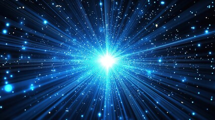 Fototapeta premium Vibrant blue light bursts across a dark background, creating an ethereal atmosphere filled with sparkling stars and radiant energy.