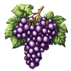 Fototapeta premium Pixel Art of a Bunch of Grapes with Leaves in Vivid Green and Purple Colors