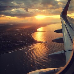 Golden Hour Departure: Soaring above the clouds, a plane wing frames a breathtaking sunset over a...